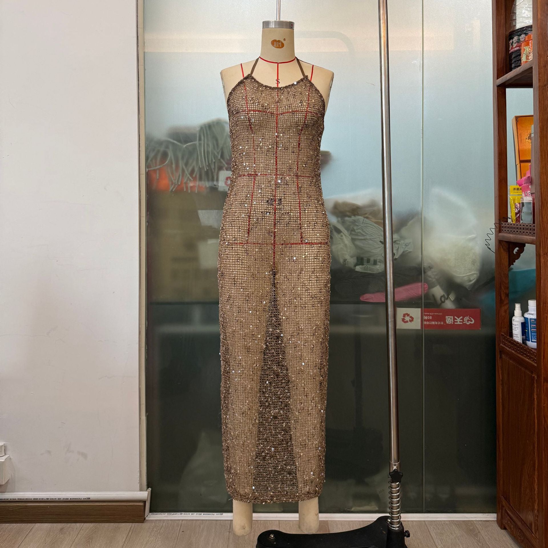 Atelier Proper French Sequined Sexy Evening Party Slim Strap Women Micro Revealed Back Maxi Dress
